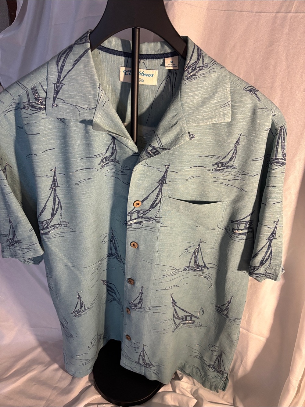 Caribbean Teal Sailboat Camp Shirt 100% Silk. EUC